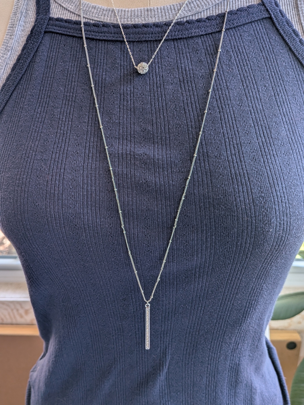 Lot of 2 Silver Tone Rhinestone Necklaces Avon Pavé Ball & Vertical Bar Pendant